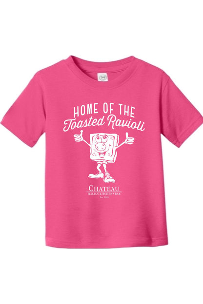 Hot pink toddler cotton t-shirt featuring a white Chateau Home of the Toasted Ravioli graphic print.
