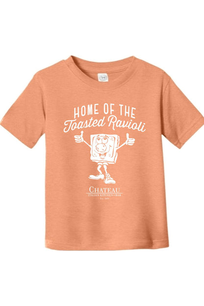 Peach-colored toddler cotton t-shirt featuring a white Chateau Home of the Toasted Ravioli graphic print.
