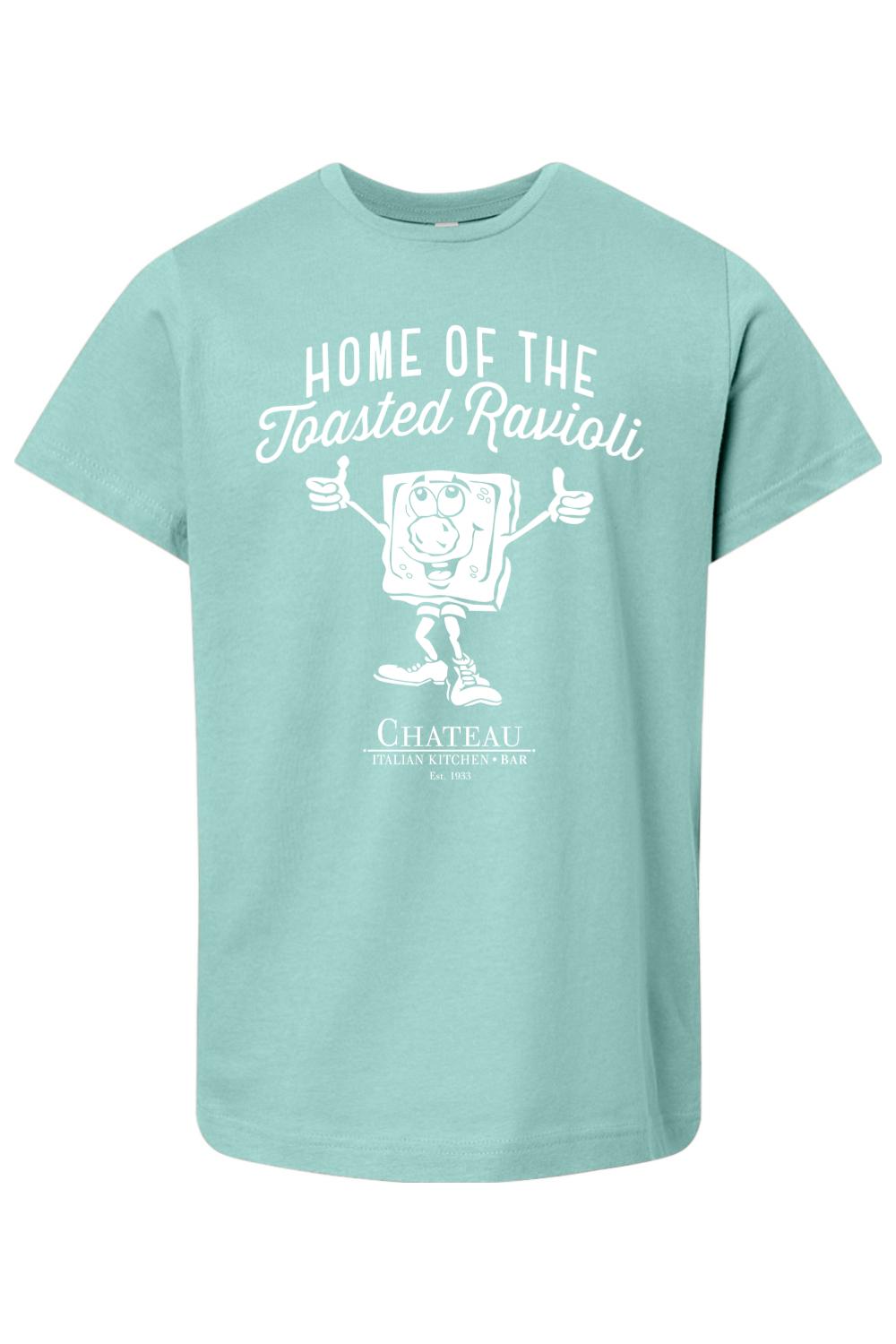 Youth mint green cotton t-shirt featuring a white Chateau Home of the Toasted Ravioli graphic print.