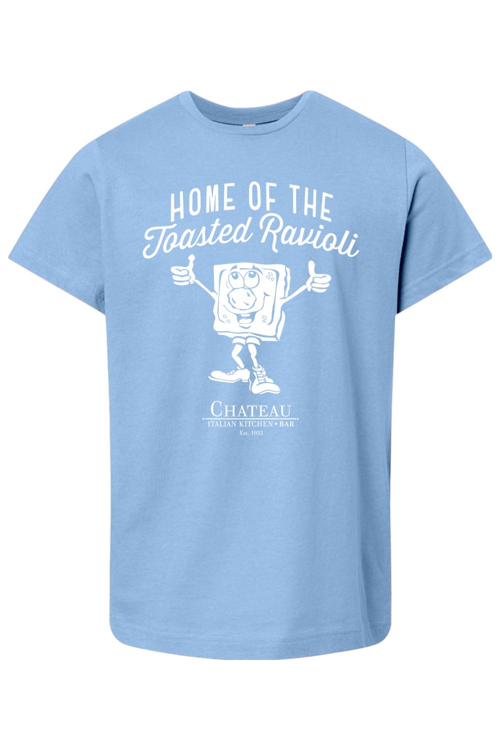 Light blue youth cotton t-shirt featuring a white Chateau Home of the Toasted Ravioli graphic design.