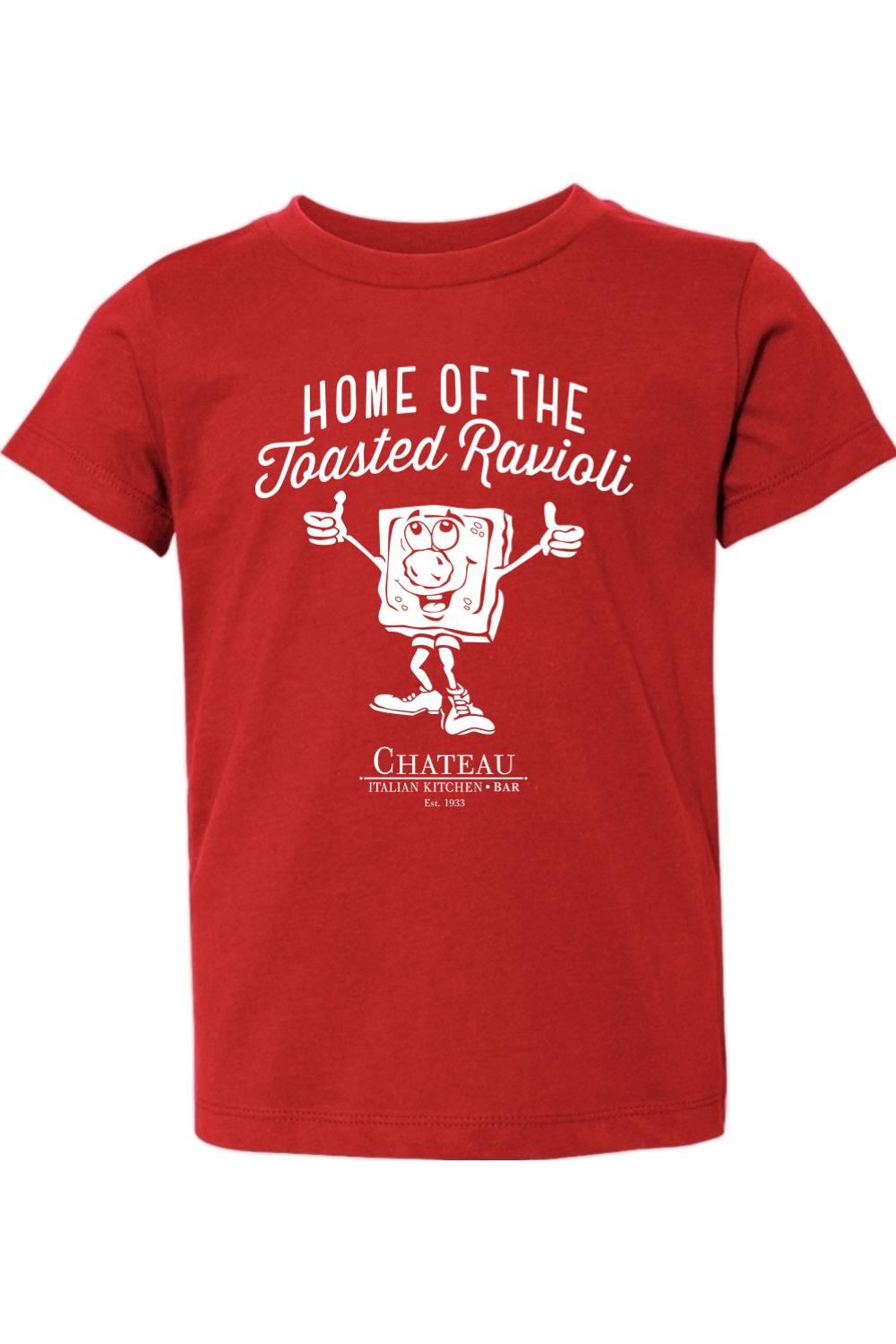 Red toddler cotton t-shirt featuring a white Chateau Home of the Toasted Ravioli graphic with a cartoon ravioli character.