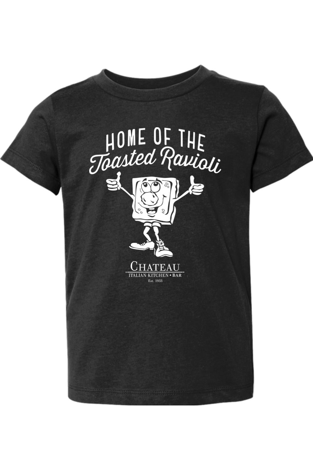 Black toddler cotton t-shirt featuring a white Chateau Home of the Toasted Ravioli graphic print.