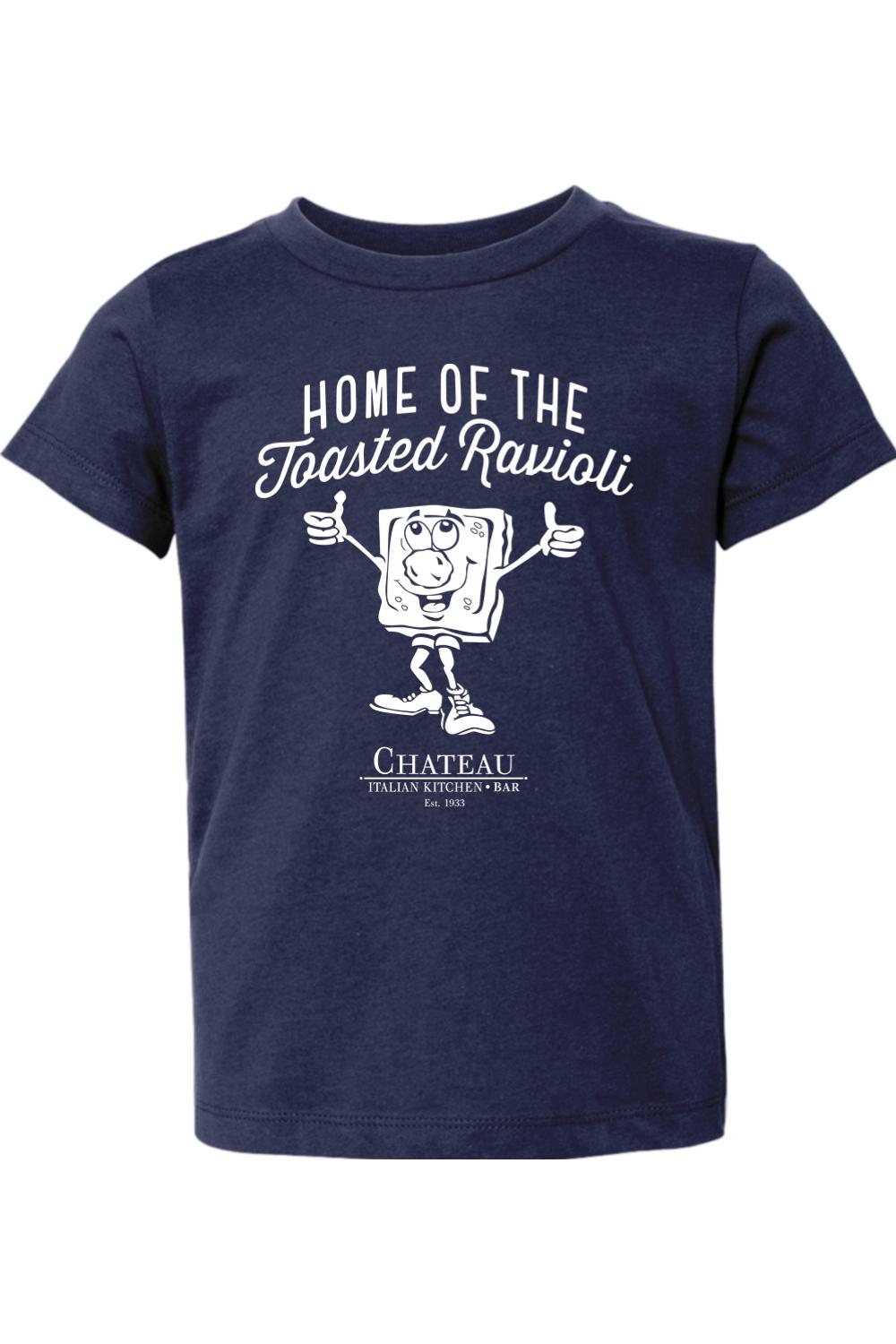 Navy blue toddler cotton t-shirt with a white Chateau Home of the Toasted Ravioli graphic print.