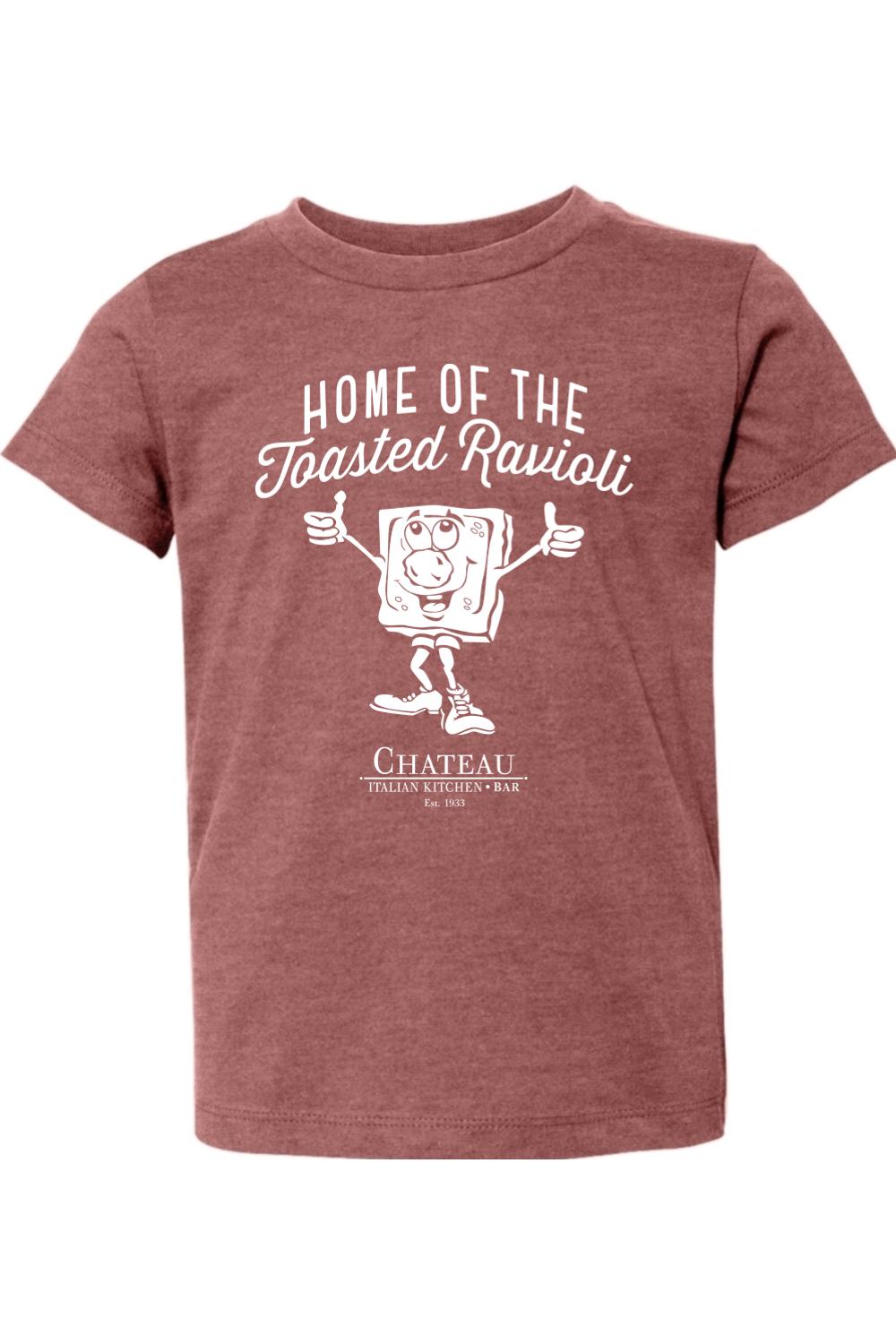 Toddler heather maroon cotton t-shirt with white Chateau Home of the Toasted Ravioli graphic print.