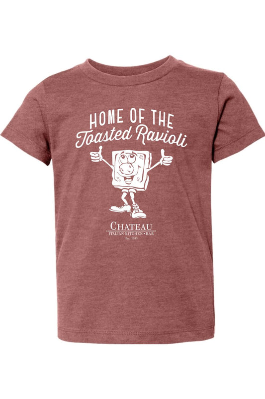 Toddler heather maroon cotton t-shirt with white Chateau Home of the Toasted Ravioli graphic print.