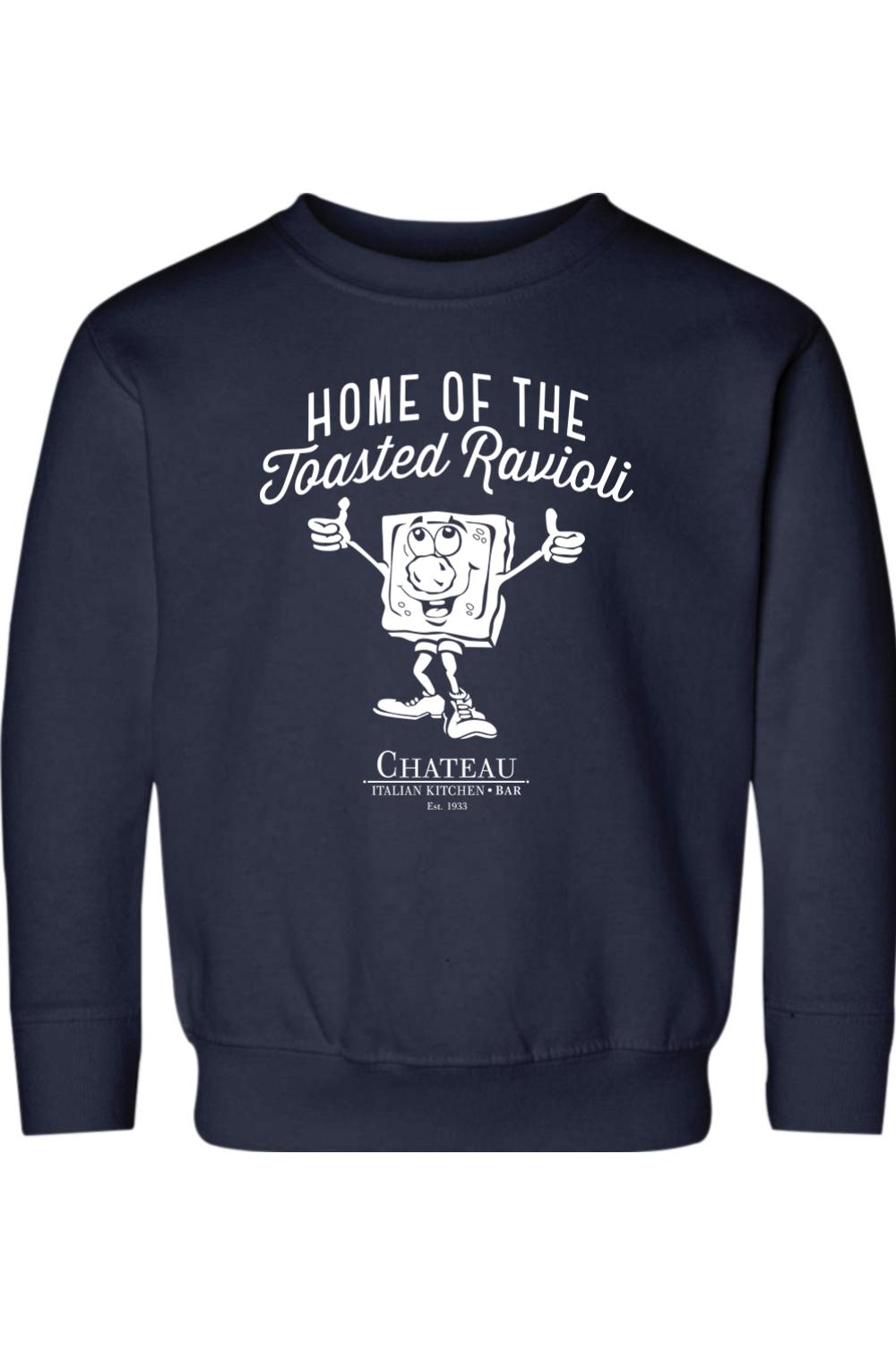 Navy blue toddler crewneck sweatshirt with white Home of the Toasted Ravioli graphic and Chateau logo.