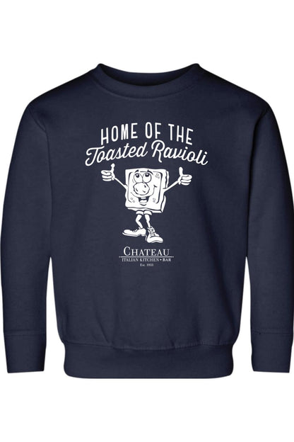 Navy blue toddler crewneck sweatshirt with white Home of the Toasted Ravioli graphic and Chateau logo.