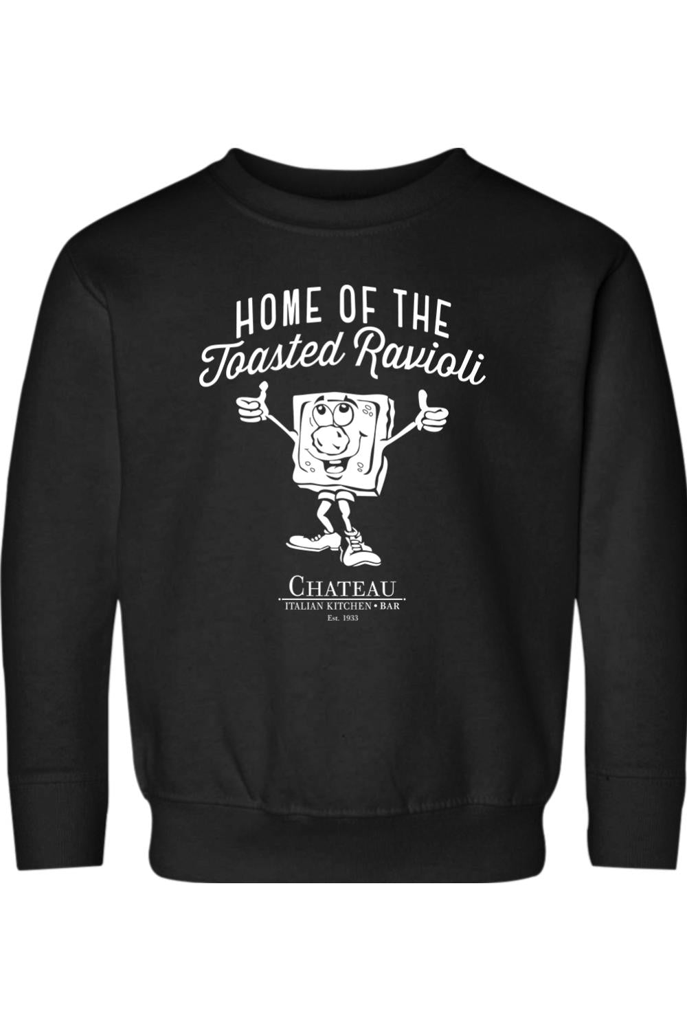 Black toddler crewneck sweatshirt featuring a white Home of the Toasted Ravioli graphic and Chateau logo.