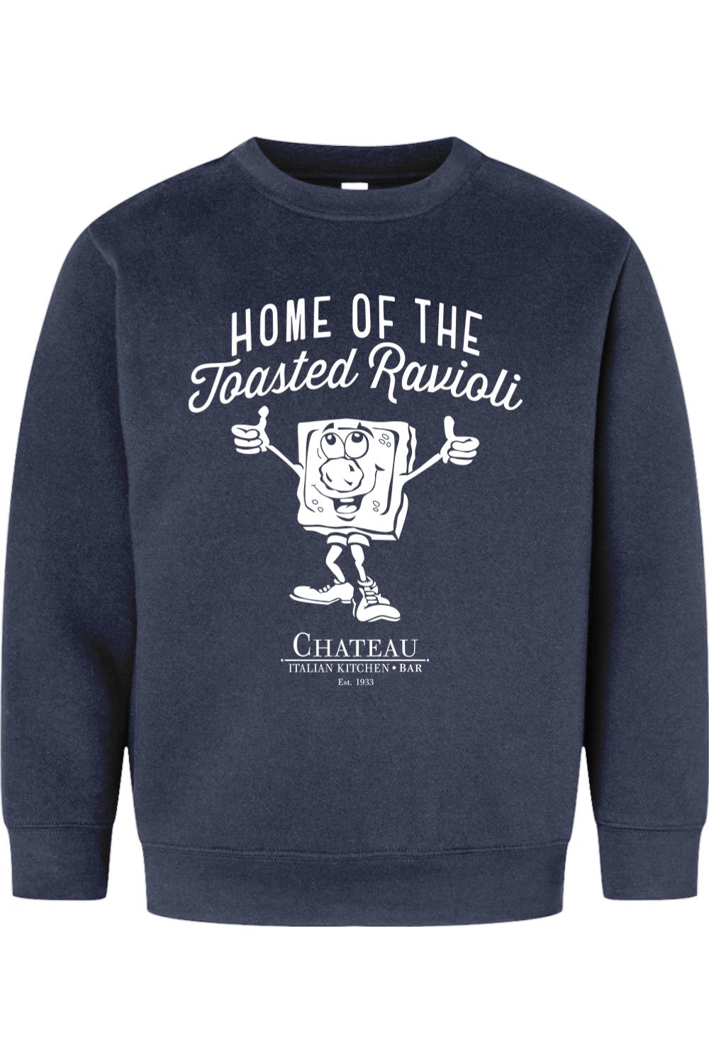 Navy blue youth crewneck sweatshirt featuring a white graphic of a cartoon toasted ravioli and Chateau branding.
