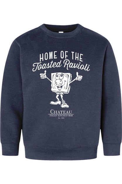 Navy blue youth crewneck sweatshirt featuring a white graphic of a cartoon toasted ravioli and Chateau branding.