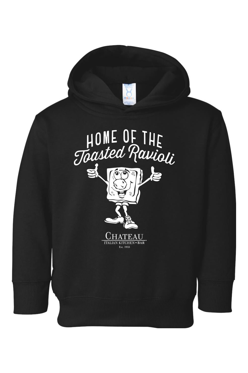 Black toddler hoodie featuring a white Chateau Home of the Toasted Ravioli graphic on a soft cotton-blend fabric.