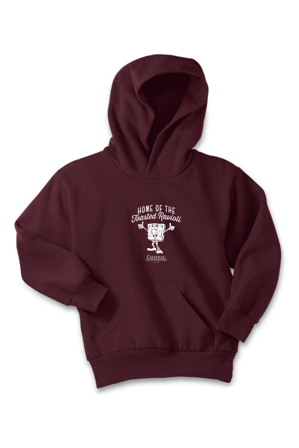 Maroon youth hoodie with a white Home of the Toasted Ravioli graphic, featuring a front kangaroo pocket and hood.