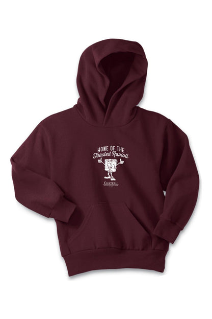 Maroon youth hoodie with a white Home of the Toasted Ravioli graphic, featuring a front kangaroo pocket and hood.