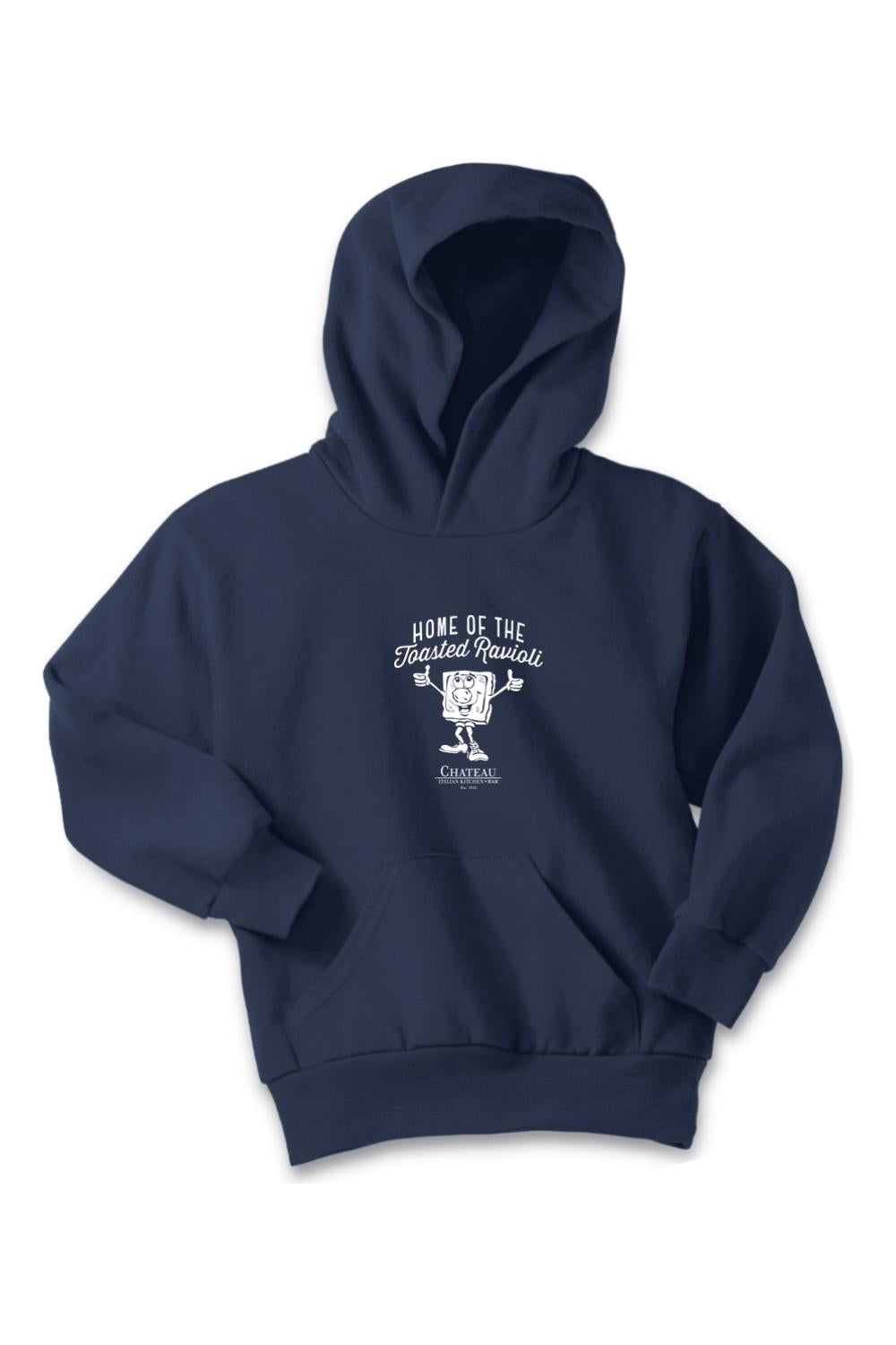 Navy blue youth fleece hoodie featuring a white Home of the Toasted Ravioli graphic and front kangaroo pocket.