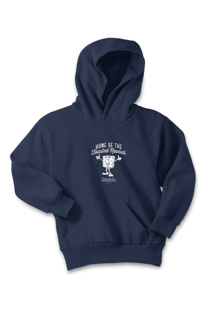 Navy blue youth fleece hoodie featuring a white Home of the Toasted Ravioli graphic and front kangaroo pocket.