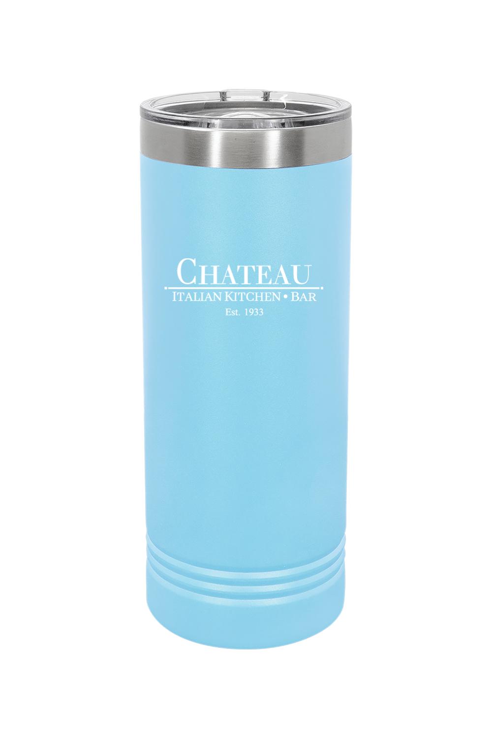 Light blue 22 oz. stainless steel skinny tumbler with Chateau Italian Kitchen & Bar logo and clear slider lid.