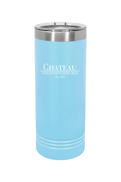 Light blue 22 oz. stainless steel skinny tumbler with Chateau Italian Kitchen & Bar logo and clear slider lid.