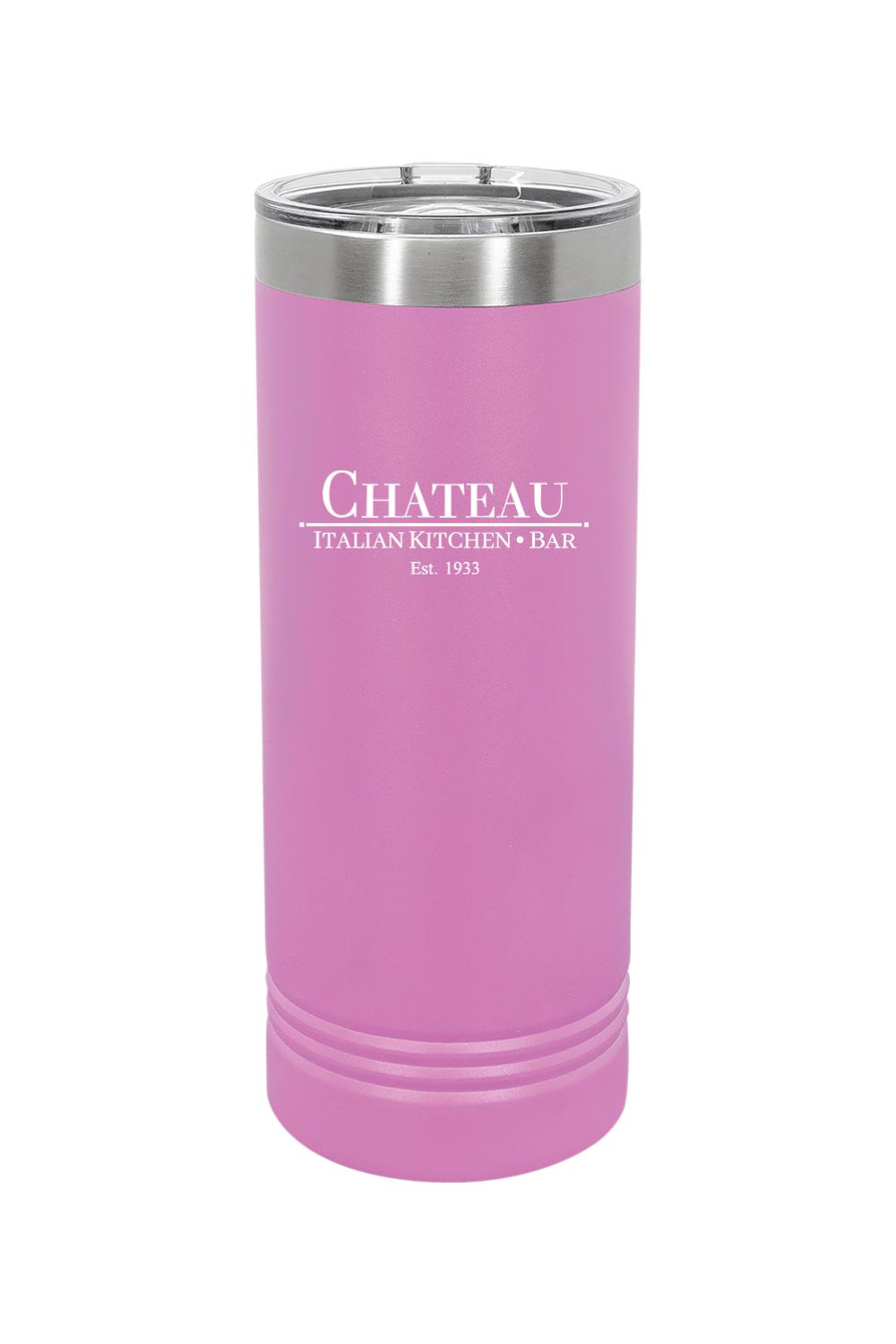 Pink 22 oz. stainless steel skinny tumbler with Chateau Italian Kitchen & Bar logo and clear slider lid.