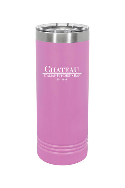 Pink 22 oz. stainless steel skinny tumbler with Chateau Italian Kitchen & Bar logo and clear slider lid.