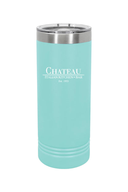 Light blue 22 oz. stainless steel skinny tumbler with Chateau Italian Kitchen & Bar logo and slider lid.