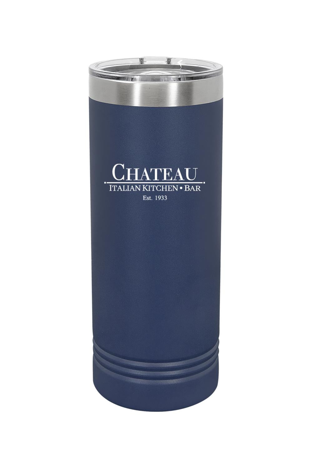Navy blue 22 oz. stainless steel skinny tumbler with Chateau Italian Kitchen & Bar logo and clear slider lid.