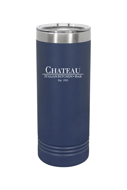 Navy blue 22 oz. stainless steel skinny tumbler with Chateau Italian Kitchen & Bar logo and clear slider lid.