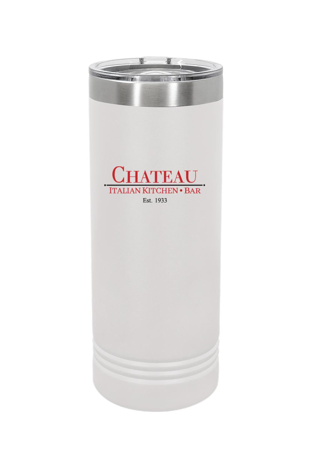 White 22 oz. skinny stainless steel tumbler with Chateau Italian Kitchen & Bar logo and clear slider lid.