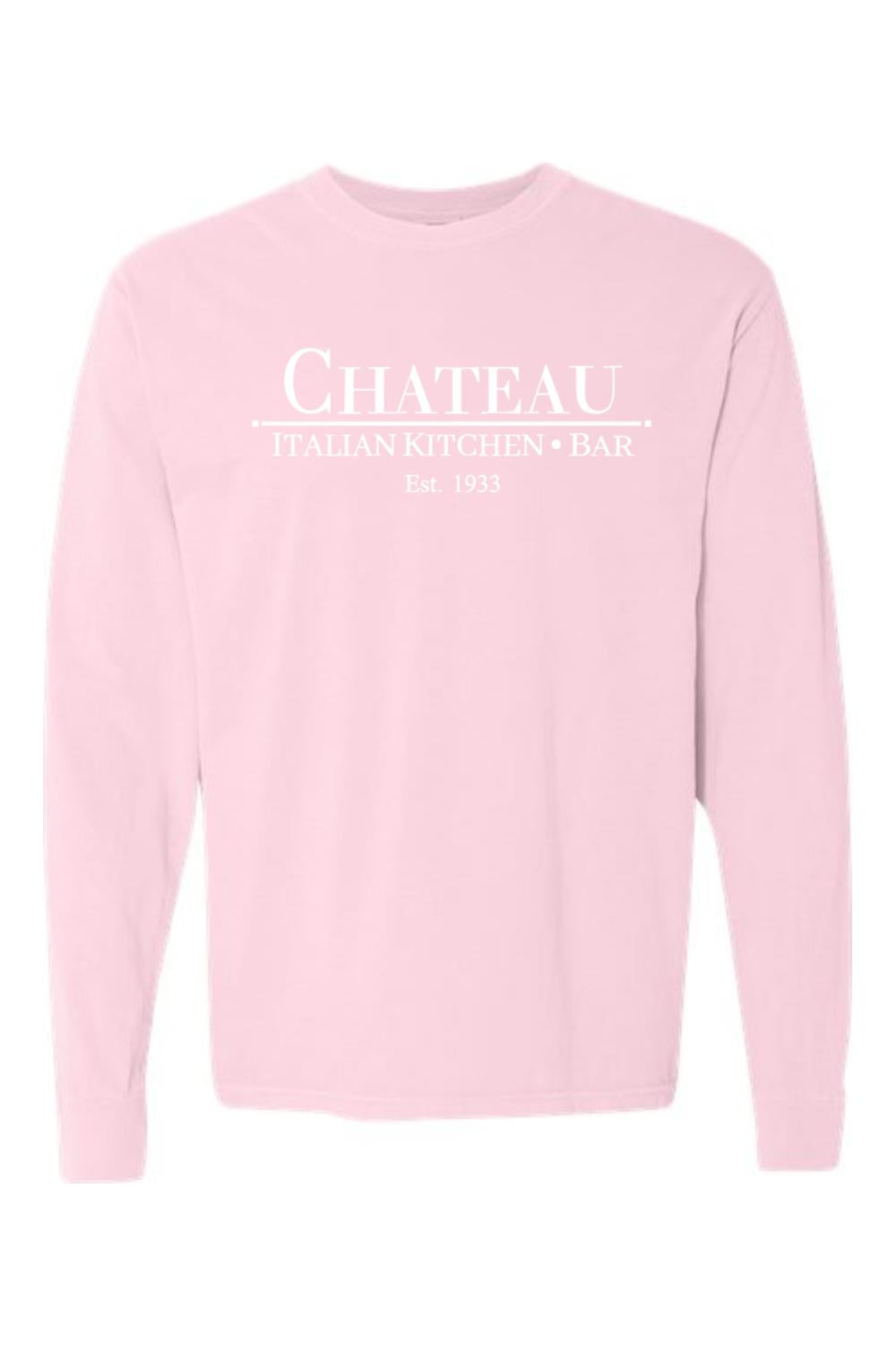 Light pink Comfort Colors long sleeve unisex t-shirt with white Chateau Italian Kitchen & Bar logo print.