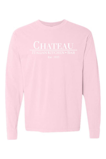 Light pink Comfort Colors long sleeve unisex t-shirt with white Chateau Italian Kitchen & Bar logo print.