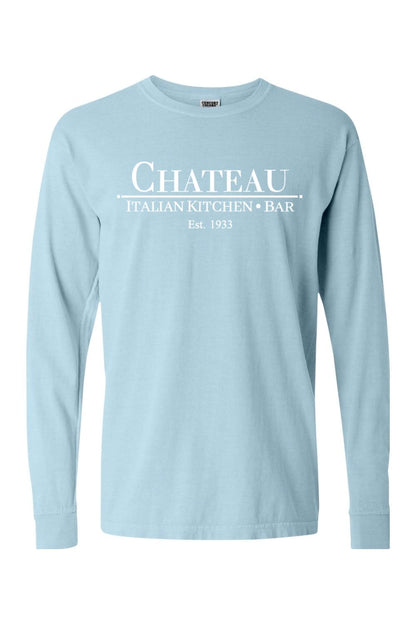 Light blue Comfort Colors long sleeve unisex t-shirt featuring white Chateau Italian Kitchen & Bar logo text.