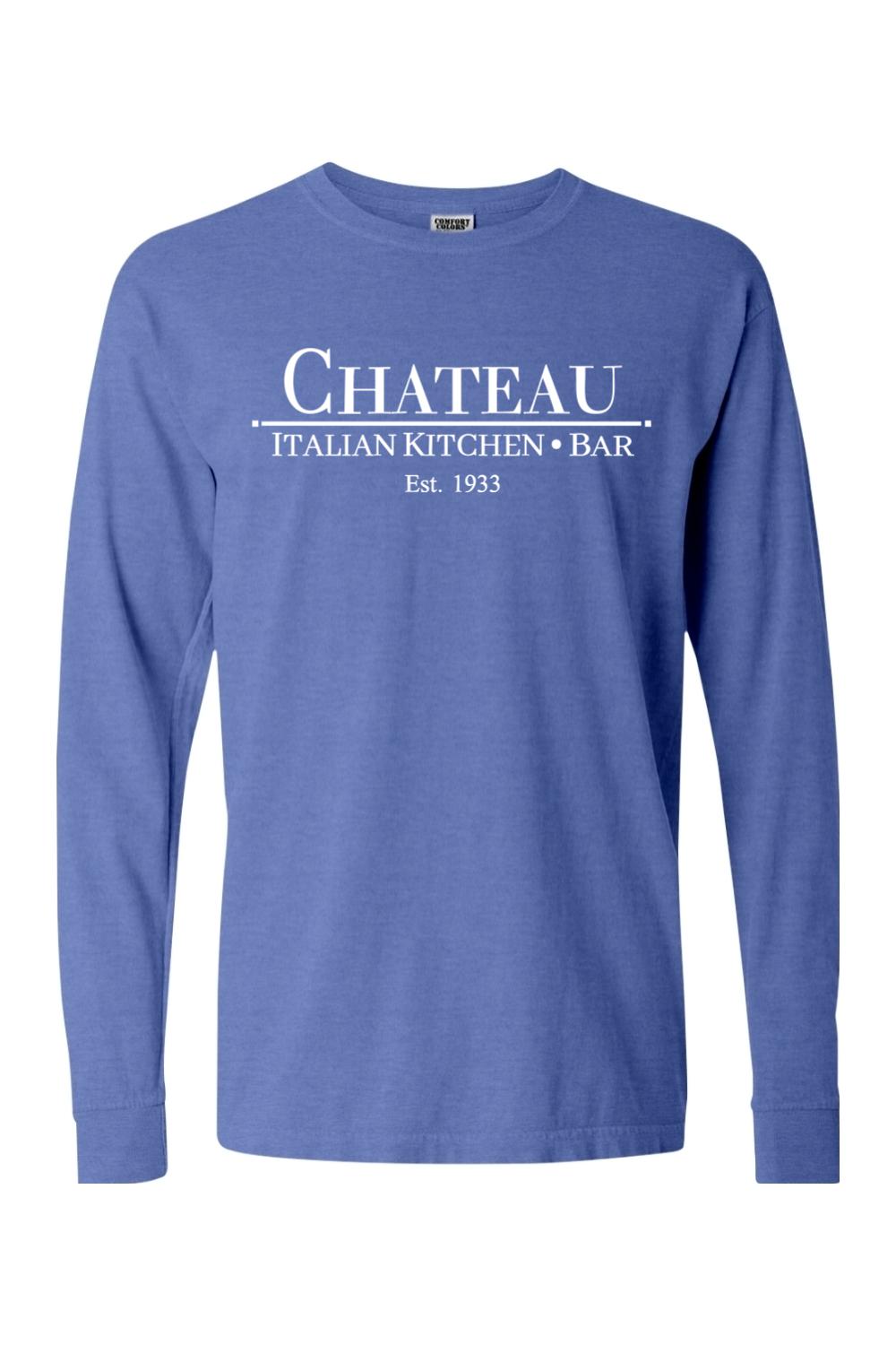 Blue Comfort Colors long sleeve unisex t-shirt with white Chateau Italian Kitchen & Bar logo text.