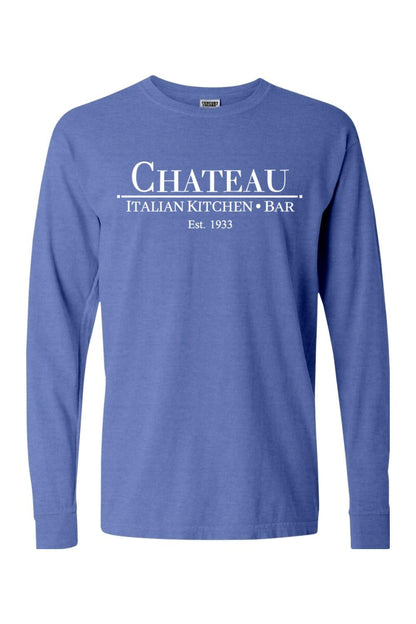 Blue Comfort Colors long sleeve unisex t-shirt with white Chateau Italian Kitchen & Bar logo text.