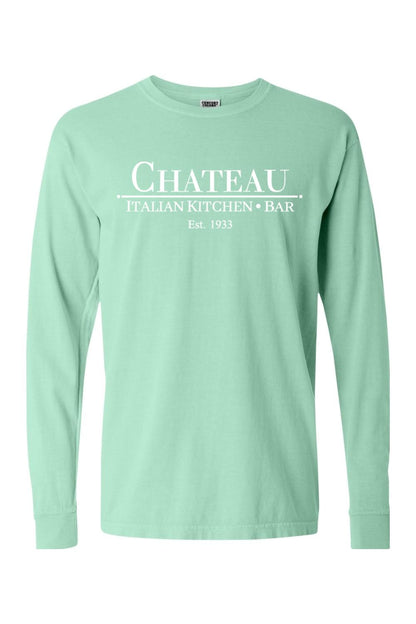 Mint green Comfort Colors long sleeve unisex t-shirt with white Chateau Italian Kitchen & Bar logo print.