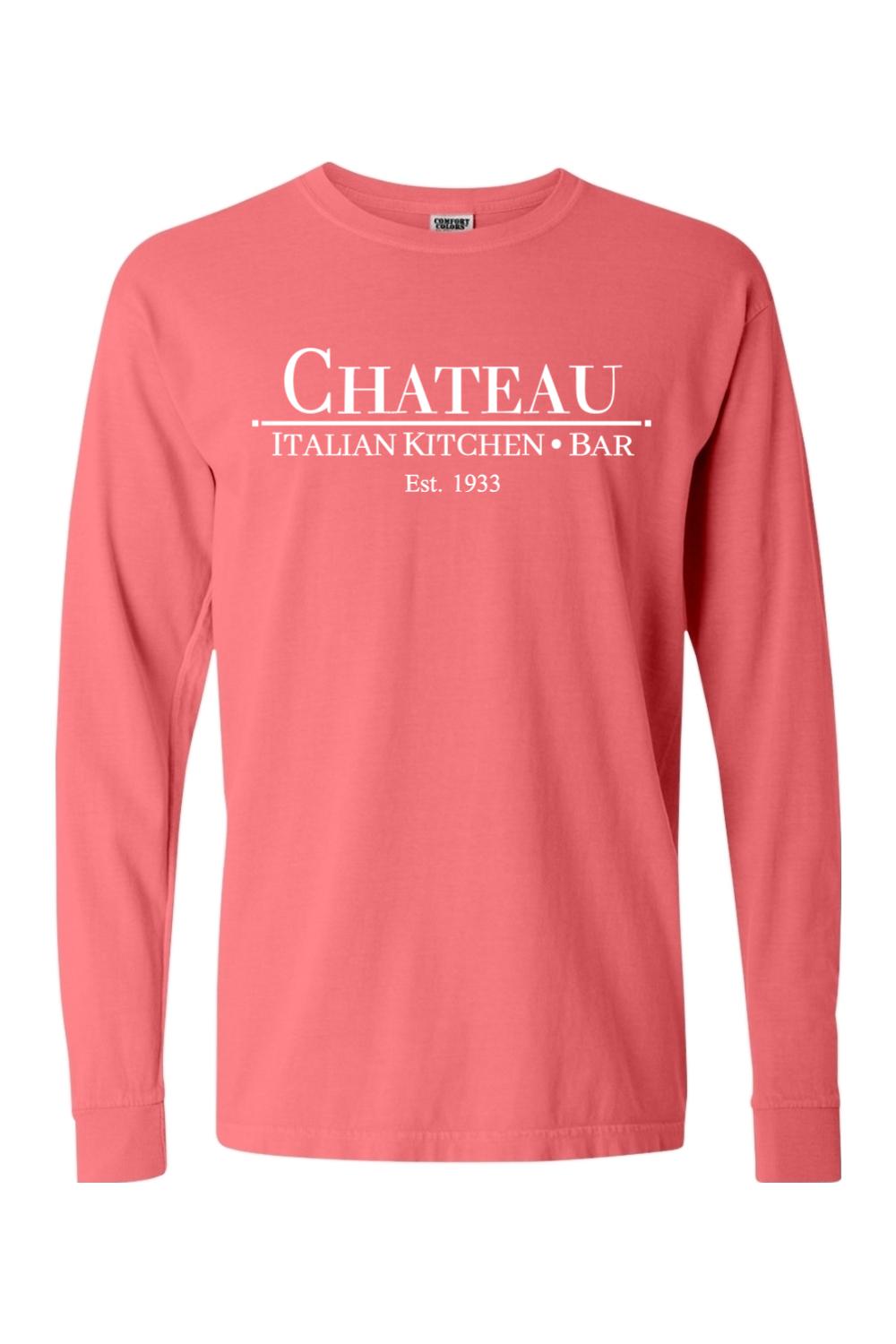 Coral Comfort Colors long sleeve unisex t-shirt featuring white Chateau Italian Kitchen & Bar logo text.