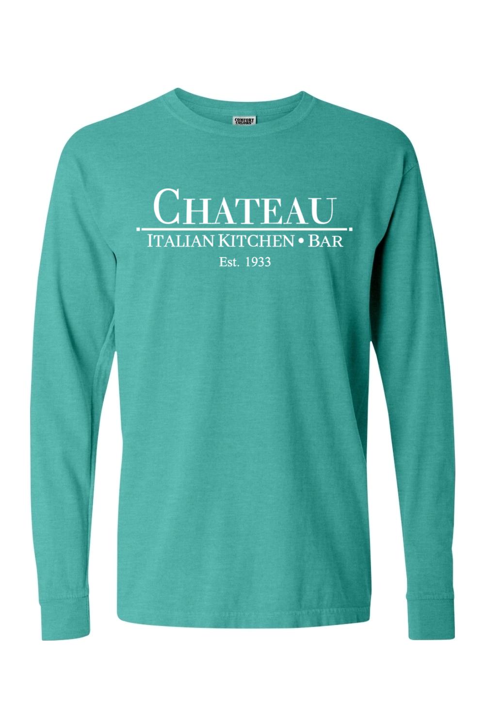 Teal Comfort Colors long sleeve unisex t-shirt featuring white Chateau Italian Kitchen & Bar logo text.