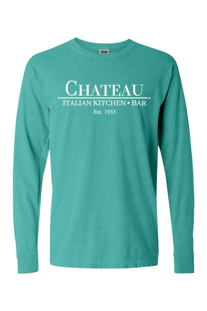 Teal Comfort Colors long sleeve unisex t-shirt featuring white Chateau Italian Kitchen & Bar logo text.