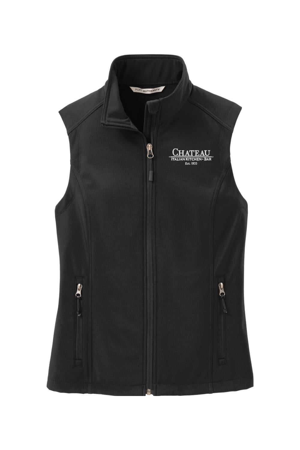 Black women's soft shell vest with Chateau Italian Kitchen & Bar logo, full-zip front, and zippered side pockets.