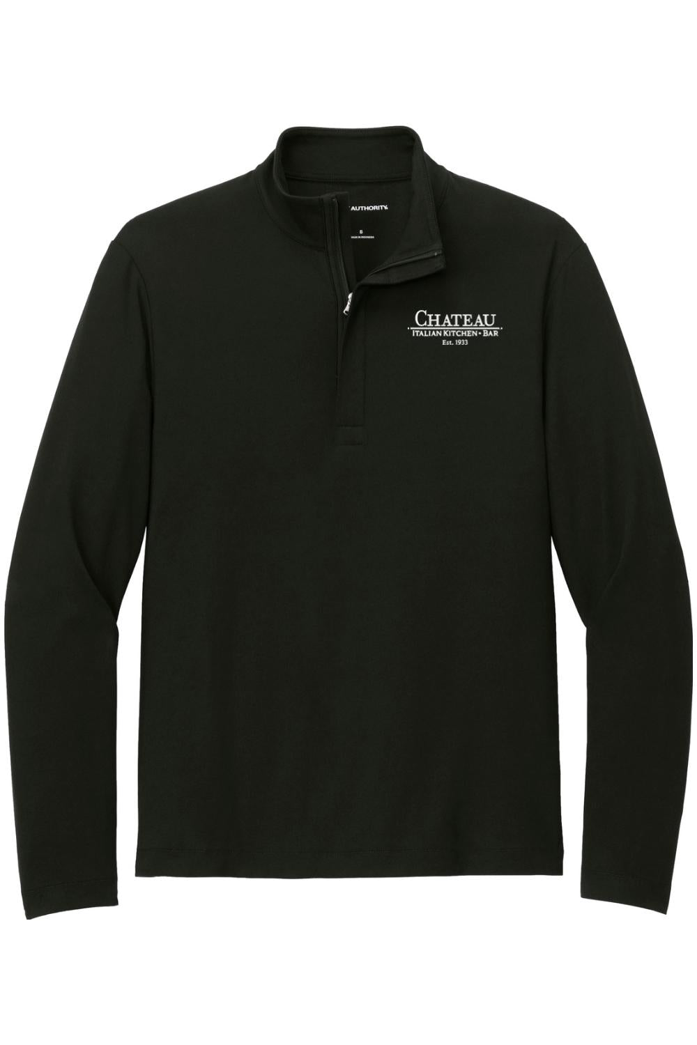 Black Fairway stretch quarter-zip featuring an embroidered Chateau Italian Kitchen & Bar logo on the chest.