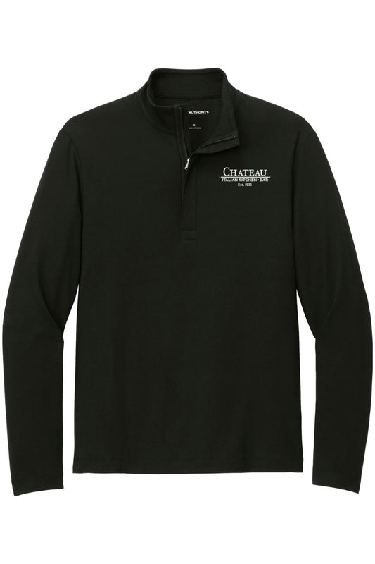 Black Fairway stretch quarter-zip featuring an embroidered Chateau Italian Kitchen & Bar logo on the chest.