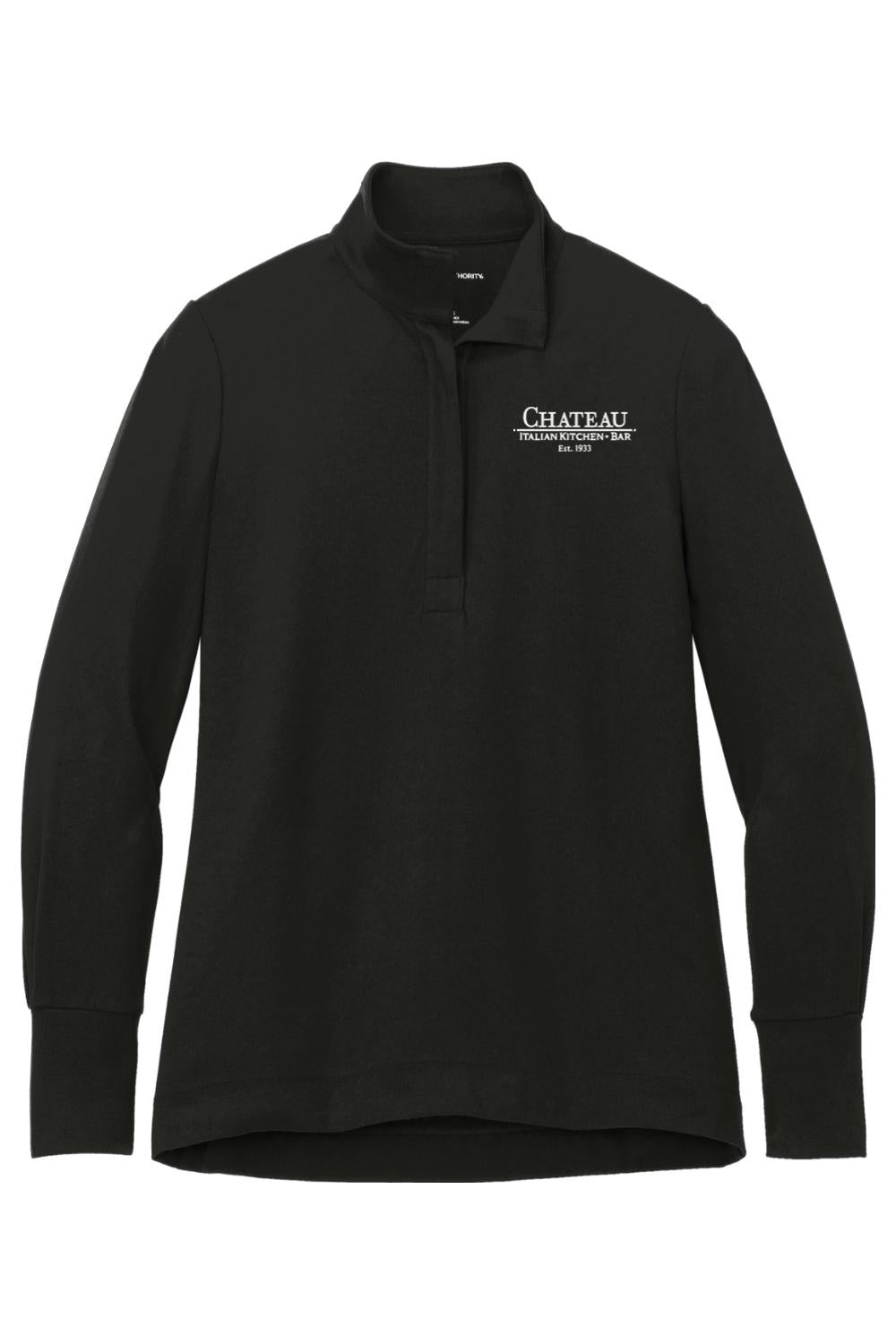 Women's black Fairway stretch 1/4-zip pullover with white embroidered Chateau Italian Kitchen & Bar logo.