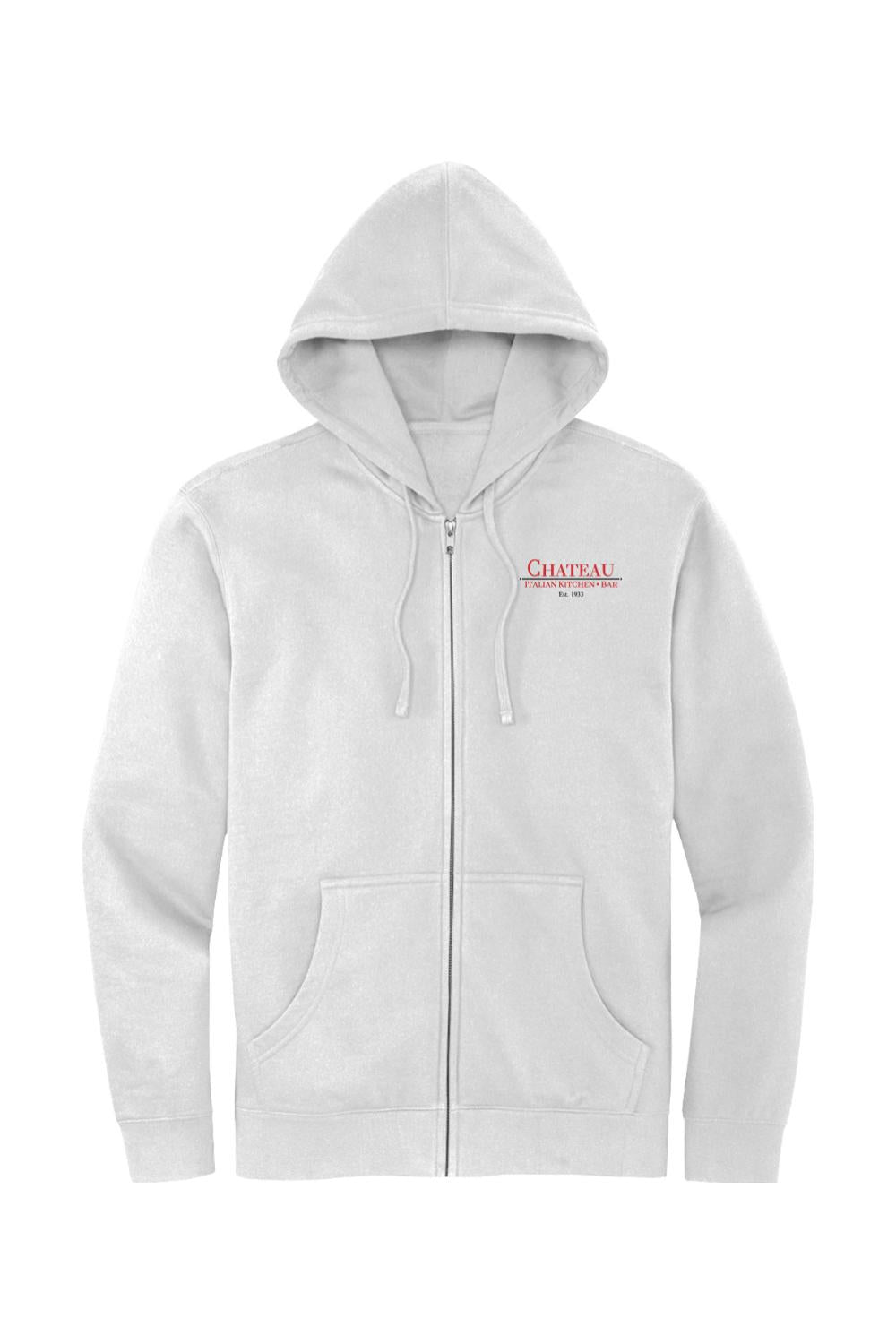 Light grey full-zip fleece hoodie featuring the red Chateau Italian Kitchen & Bar logo on the chest.