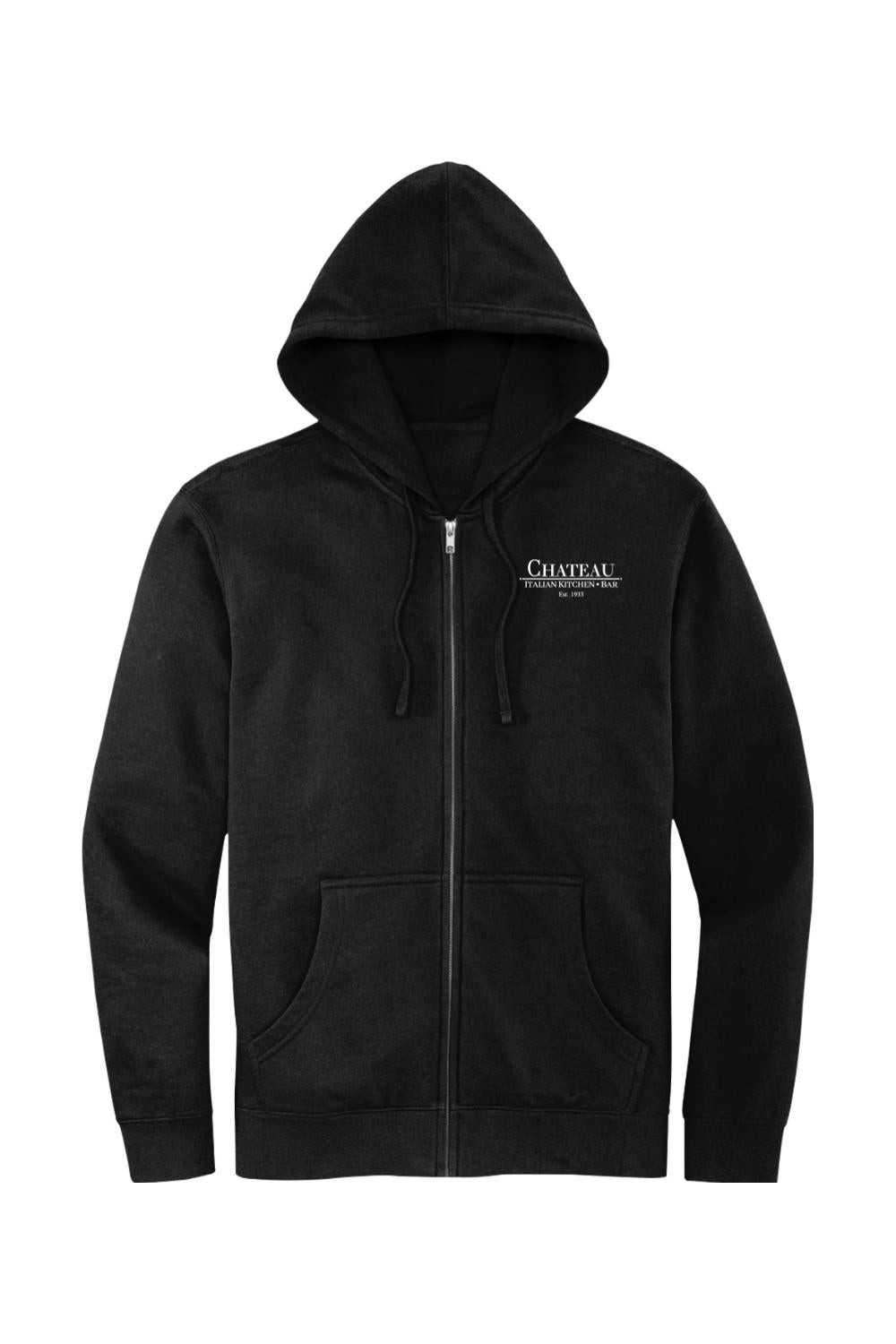 Black full-zip fleece hoodie featuring a white Chateau Italian Kitchen & Bar logo on the left chest.