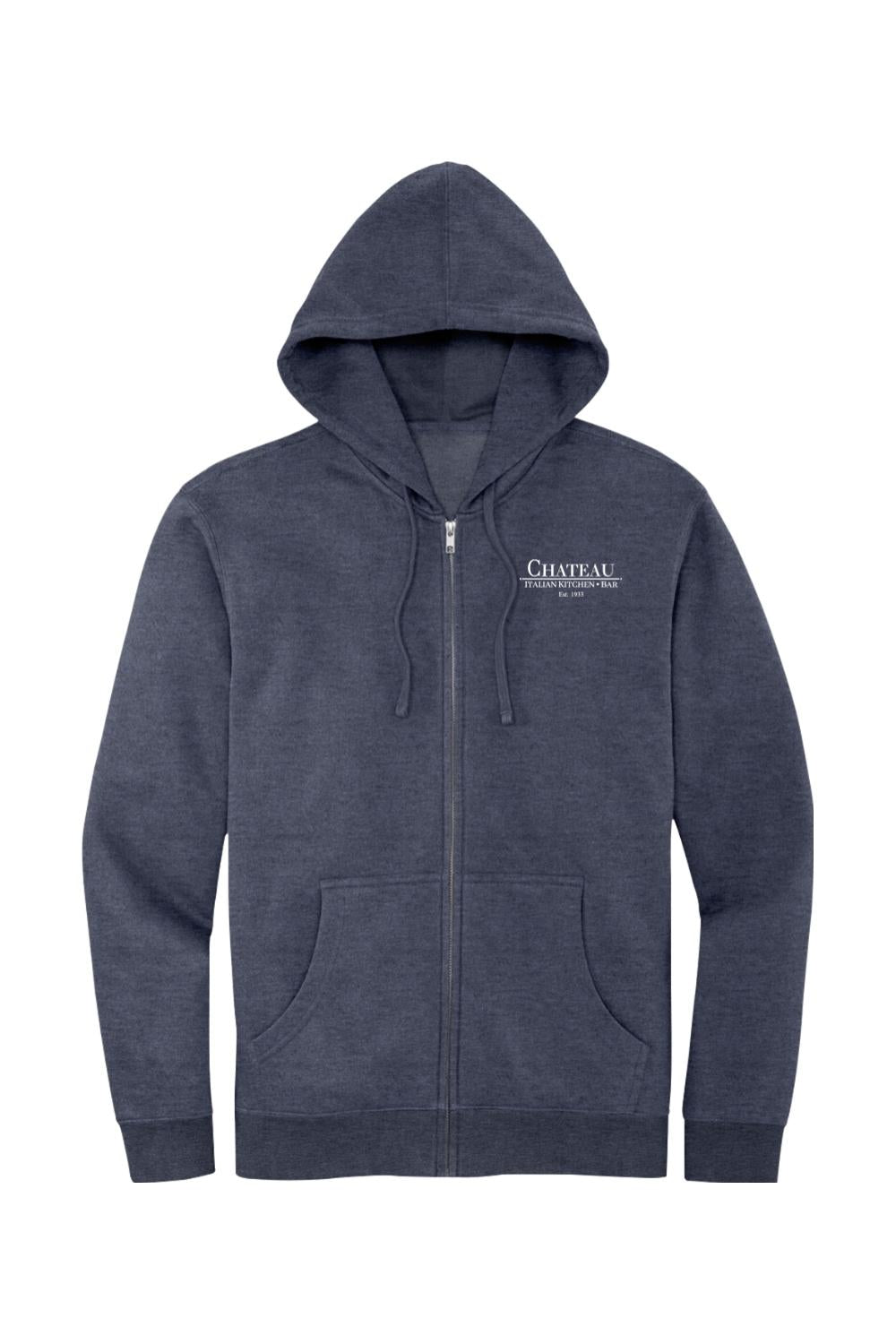 Dark heather navy full-zip hoodie with Chateau Italian Kitchen & Bar logo, featuring a drawstring hood and front pockets.