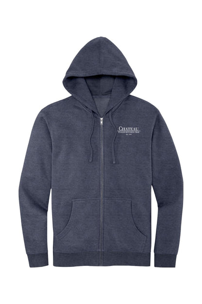 Dark heather navy full-zip hoodie with Chateau Italian Kitchen & Bar logo, featuring a drawstring hood and front pockets.