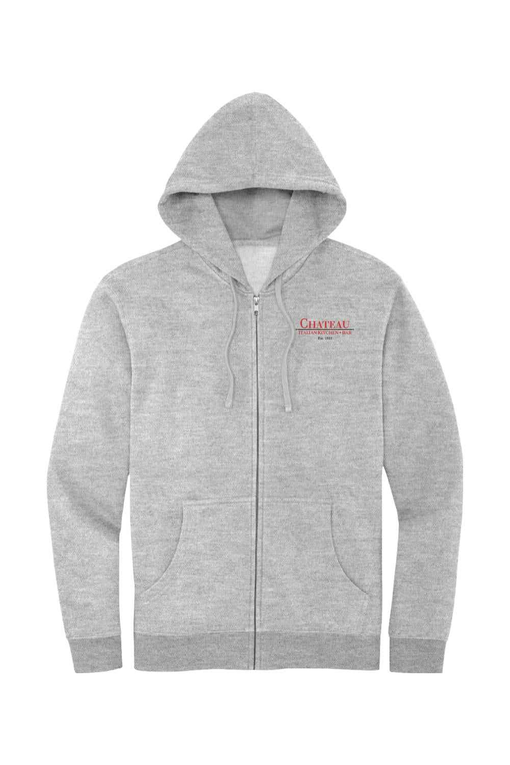 Grey full-zip fleece hoodie featuring a small red Chateau Italian Kitchen & Bar logo on the chest.