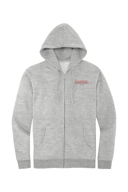 Grey full-zip fleece hoodie featuring a small red Chateau Italian Kitchen & Bar logo on the chest.