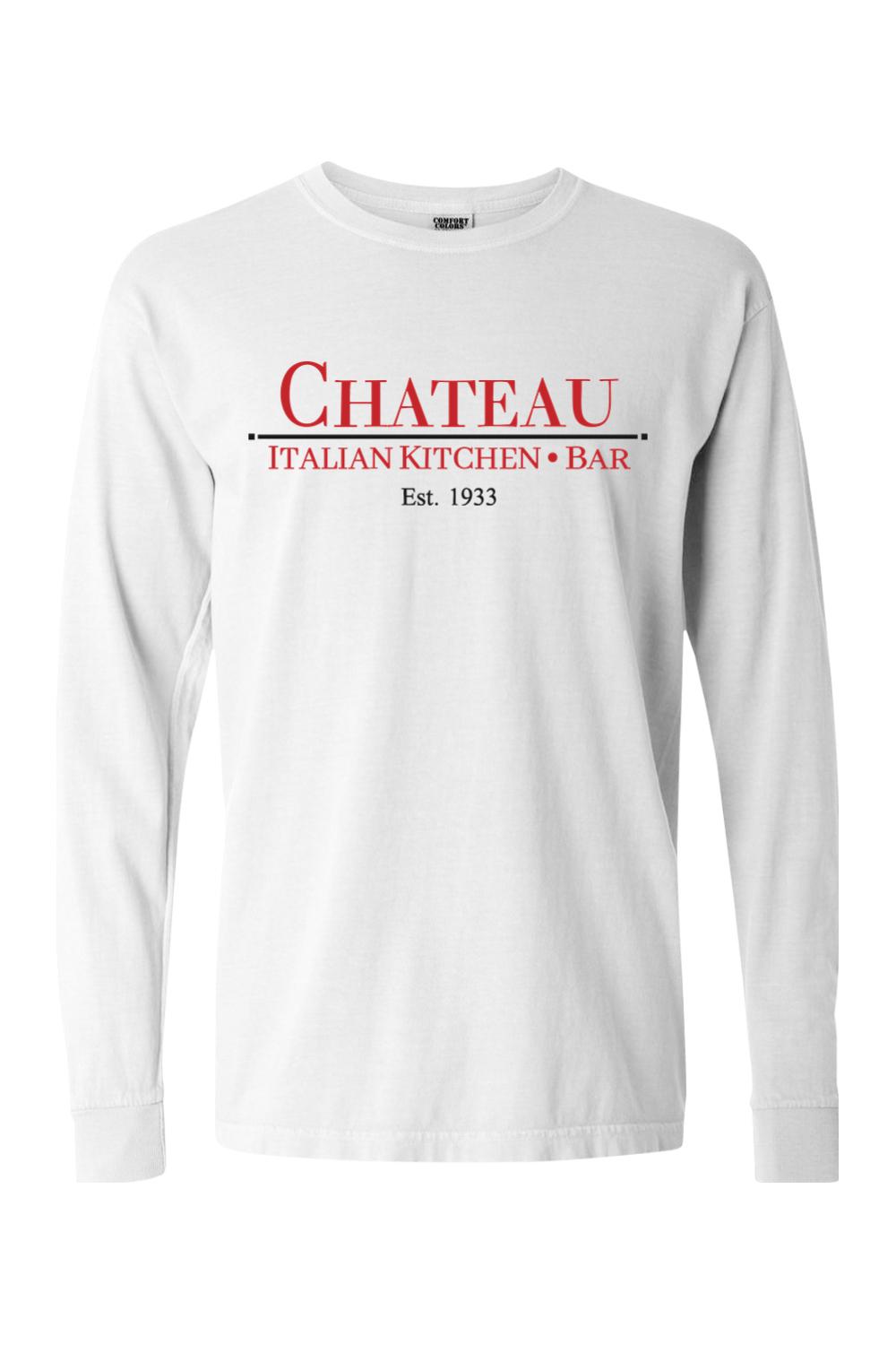 White Comfort Colors long sleeve cotton t-shirt featuring a red and black Chateau Italian Kitchen & Bar logo.