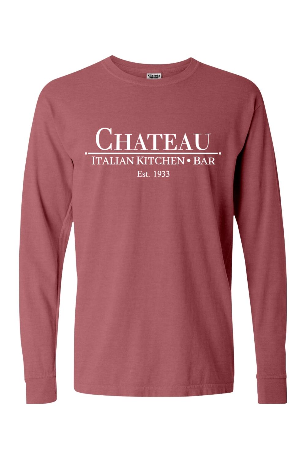 Brick red Comfort Colors long sleeve t-shirt featuring a white Chateau Italian Kitchen & Bar logo on the chest.