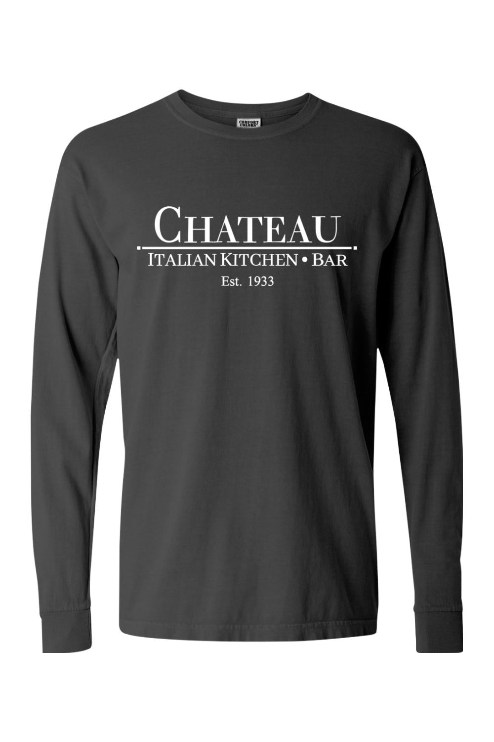 Charcoal grey Comfort Colors long sleeve cotton t-shirt with white Chateau Italian Kitchen & Bar logo print.