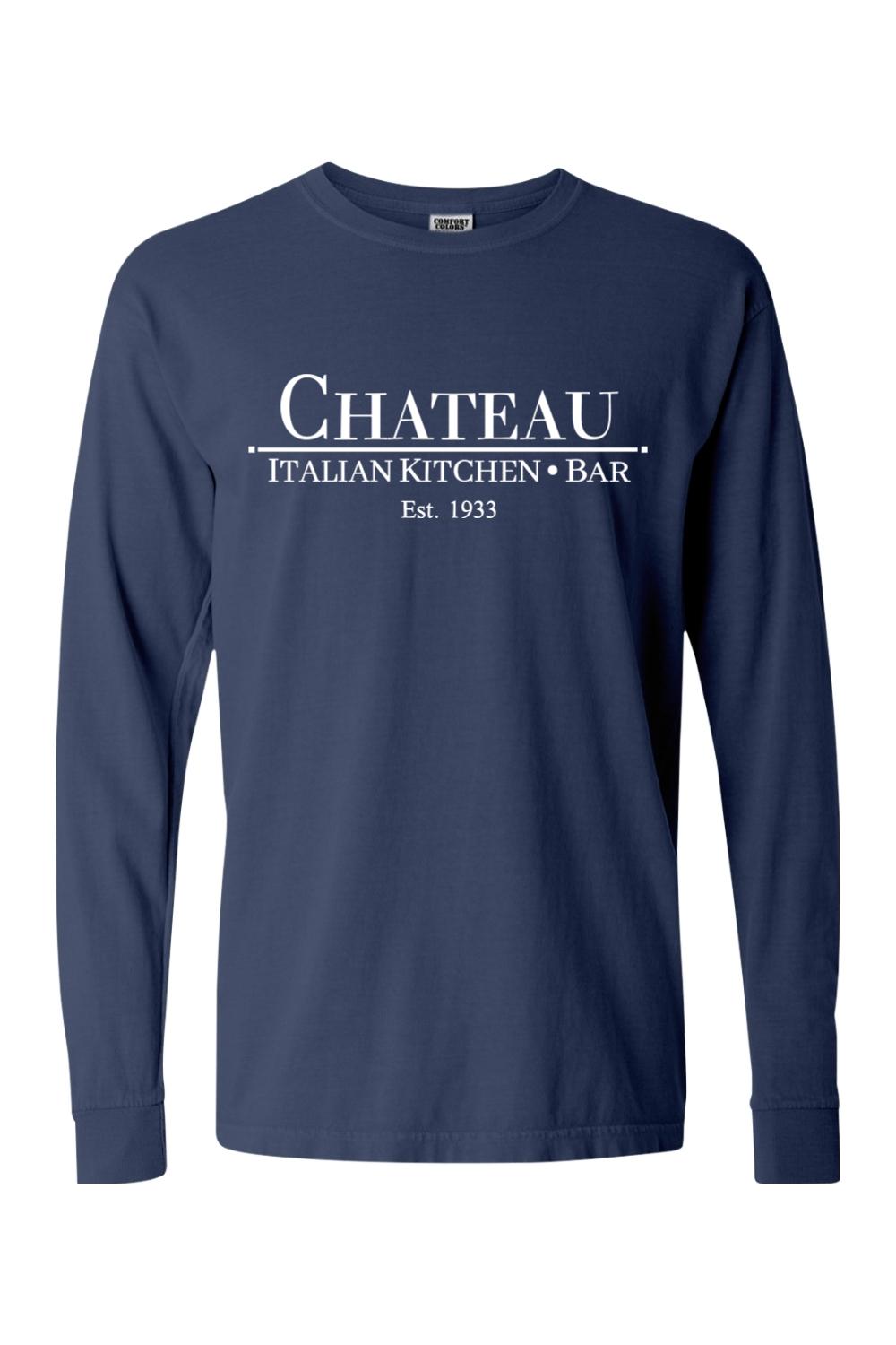 Navy blue Comfort Colors long sleeve cotton t-shirt featuring a white Chateau Italian Kitchen & Bar logo.